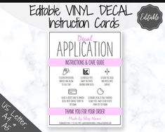 a pink and white card with the words, edible vnm - decal instruction cards