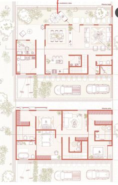 two floor plans for a house with red trimmings and an open living area