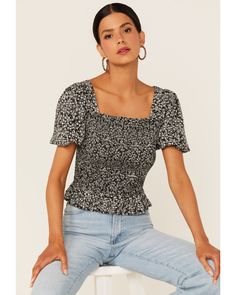 Beyond The Radar Women's Ditsy Floral Print Smocked Shirt, Black Casual Top With Smocked Cuffs For Day Out, Casual Fall Tops With Smocked Cuffs, Casual Smocked Top For Spring, Casual Smock Top For Day Out, Casual Tops With Smocked Cuffs And Relaxed Fit, Fall Smocked Short Sleeve Top, Short Sleeve Smocked Top For Day Out, Fall Smock Top With Short Sleeves, Smock Top With Short Sleeves For Fall