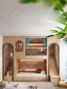 a room with a bunk bed in it and some plants on the floor next to it