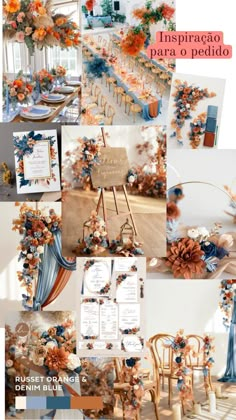 a collage of photos with orange and blue flowers on them, including an assortment of chairs