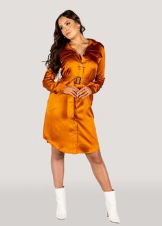 Step out in this gorgeous rusty orange satin trench coat dress and make a 60's vibe statement. Can be worn three ways - with belt, wear loose without a belt or unbuttoned as a coat.  Features:- pockets, collar and cuffs, belt, buckle, buttons  100% Polyester satin Gentle cold machine wash, drip dry, cool iron on reverse if required. Fall Collared Belted Dress With Belted Cuffs, Fall Date Night Belted Dress, Fall Belted Dress For Date Night, Orange Long Sleeve Shirt Dress For Fall, Long Sleeve Belted Dress For Date Night In Fall, Fall Party Knee-length Belted Dress, Chic Brown Belted Shirt Dress, Satin Trench Coat, Stylish Buttons