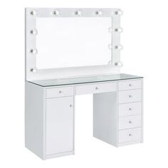 a white vanity with lights on it and drawers in front of the mirror is shown