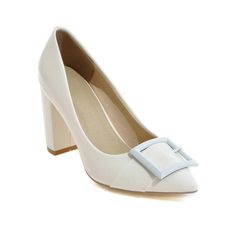 White Heels With Buckle Closure For Office, White Pointed Toe Block Heels For Office, Trendy White Block Heels With Pointed Toe, White Trendy Block Heels With Pointed Toe, Trendy White Pointed Toe Block Heels, White High Heel Block Heels For Work, Chunky Pumps, Women High Heels, Shoes Party