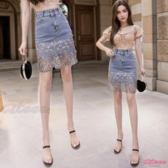 Qteee - High-Waisted Sequined Denim Skirt: Classy and Seductive Figure-Hugging Denim Pencil Skirt Denim Bodycon Skirt, High Waisted Denim Skirt, Elastic Waist Skirt, Tassels Fashion, Denim Skirt Women, Wrap Around Skirt, Denim Pencil Skirt, High Waist Dress, Knee Dress