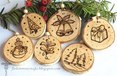 six wooden ornaments with christmas designs on them