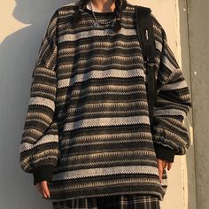 ====Detail Show========Real Photo==== Rok Midi, Sweat Vintage, Sandal Tali, Oversized Striped Sweater, Grandma Sweater, Pull Oversize, Winter Pullover, Mode Casual, Clipuri Video