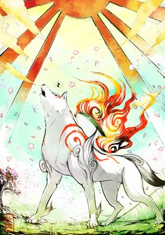 two white horses with red hair standing next to each other in front of the sun