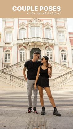 a man and woman standing in front of a building with the words couple poses casual straddling