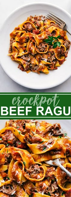 this is an image of a plate of food with beef ragu on it and the title overlay reads, crockpot beef beef ragu