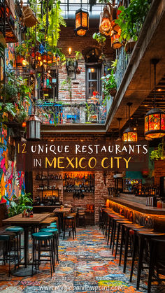 A lively restaurant in Mexico City with colorful tiled floors, hanging plants, and vibrant lighting, showcasing a stylish and unique ambiance ideal for a memorable dining experience. Best Restaurants Mexico City, Mexico City Style, Cool Restaurants, Mexico City Restaurants, Mexico Restaurants, Best Mexican Restaurants, Cool Restaurant