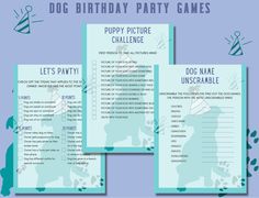 three dog birthday party games with blue background