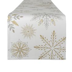 Snowflake Sparkle Printed Table Runner - 108" - Silver and Gold - Bed Bath & Beyond - 36713669 White Christmas Snowflakes, Gold And White Christmas, Holiday Dining Table, Winter Gold, Winter Sparkle, Printed Table Runner, Silver Table, Holiday Dining, Metal Kitchen