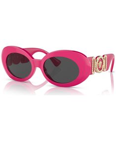 in stock Trendy Pink Sunglasses For Evening, Pink Tinted Sunglasses For Evening, Pink Tinted Sunglasses For Formal Occasions, Designer Pink Sunglasses For Evening, Formal Pink Tinted Sunglasses, Fun Pink Sunglasses With Anti-reflective Coating, Luxury Pink Anti-reflective Shield Sunglasses, Versace Pink Sunglasses, Pink Anti-reflective Plastic Shield Sunglasses