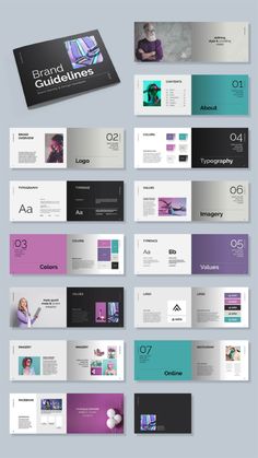 a bunch of brochures with different colors and shapes on them, all in one place