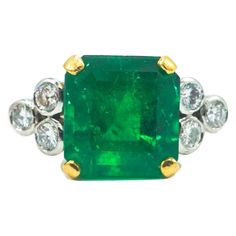 18 Karat Emerald and Diamond Ring with AGL Report | From a unique collection of vintage More Rings at https://www.1stdibs.com/jewelry/rings/more-rings/. Vintage Cluster Ring, Emerald And Diamond Ring, Cushion Cut Ring, Emerald Diamond Ring, Diamond Jewelry Designs, Ancient Jewelry, Fancy Diamonds, Shiny Things, Diamond Set