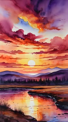 a painting of a sunset over a lake