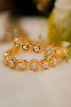 22k gold plated bangles studded with clear un-cut polki stones. - Aza Fashions Ayushmann Khurrana, Eid Party, Diana Penty, Gold Plated Bangles, Luxury Sale, Kiara Advani, Buy Gold, Bangle Set, Modern Bride