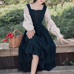 Vintage-inspired Dark Academia Dress with long flared sleeves, lace-up front and ruffles. S Bust: 84cm Waist: 66cm Length: 106cm M Bust: 88cm Waist: 70cm Length: 107cm L Bust: 92cm Waist: 74cm Length: 108cm XL Bust: 96cm Waist: 78cm Length: 109cm Dark Academia Dress, Vintage Cotton Dress, Fest Outfits, Style Kawaii, Old Fashion Dresses, Cottagecore Fashion, Vintage Inspired Outfits, Vestidos Vintage, Life Tips