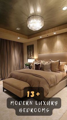 modern luxury bedroom with chandelier and large bed