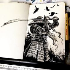 Samurai Pen Art, Samurai Drawing Sketches, Armor Tattoo Design, Black Ink Sketches, Black Pen Art, Black Pen Sketches, Sketchbook Tattoo, Black Pen Drawing, Micron Pen Art