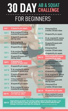 the 30 day ab and squat challenge for beginners is on display in this poster