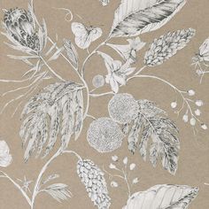 a drawing of leaves and flowers on a brown background