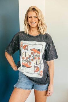 Did we just find your new favorite graphic? Yeah, we totally did.The Poker Face Graphic Tee is sure to be another favorite in your closet. Made with a washed, soft 100% cotton fabric and oversized fit, you'll feel comfortable while the card graphic is equal parts cute and edgy. Pair with baggy jeans for a casual weekend look or leather pants for an sassy night out vibe. Will ship 9/1. Very Oversized Fit 100% Cotton Hand Wash Cold, Hang Dry Crew Neckline Mineral Washed - Distressing Fall Washed Black Cotton T-shirt, Acid Wash Pre-shrunk Graphic Tee, Pre-shrunk Acid Wash Graphic Tee, Washed Black Cotton T-shirt For Fall, Acid Wash Graphic Tee For Fall, Washed Black Graphic Tee For Fall, Pre-shrunk Crew Neck Top In Washed Black, Fall Acid Wash Graphic Tee, Retro Washed Cotton Tops