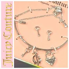 New In Box Bracelet Is Adjustable Earrings Measure .5" See More Jc In My Closet Juicy Cotoure Charm Bracelet, Juicy Couture Charms Bracelet, Juicy Couture Bracelet, Key Bracelet, Strawberry Charm, Leather Bangle, Juicy Couture Charms, Juicy Couture Jewelry, Bracelet Earring Set