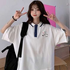 Cartoon Pocket Printed Turn Down Collar Shirts – Nada Outfit Land White Collared Shirt For College, White Graphic Print Collar Top, Casual White Polo Shirt For College, White Short Sleeve College Shirt, Home Casual Outfit, Coachella Valley, Haircut Hairstyle, Collar Tshirt, Women Shirt