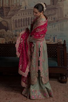 The embellished Pakistani Kameez and Wedding Sharara Dress is a perfectly stitched masterpiece emblazoned with zardosi and sequin details. Luxury designs and fine work of crystals enhance the glamour of this attire, making it an epitome of beauty and grace. Organza Kameez: The beautiful kameez comes in an alluring blue color and is adorned with intricate designs and fine details of embroidery and floral designs. The fabric of this kameez is premium organza. Sequins, floral motifs, crystals, and Ammara Khan, Wedding Sharara, Spring Rose, Desi Clothes, Indian Dress