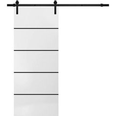 a white sliding door with black hardware on the bottom and side bars in front of it