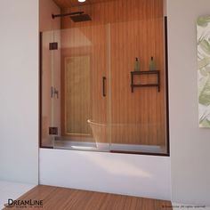 a bath tub sitting inside of a bathroom next to a wooden wall