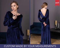 "👉 This navy blue long velvet dress is made of high quality velvet. You don't need to tie the dress, it has an elastic waist. Has separate sash. 👉 All dresses are custom and I make the dress by your measurements, that's why it is very important to leave all measurements in the box \"Personalization\". Please, see in my instruction \"How to measure\". If you have any questions about measurements, do not hesitate to ask about it, I will gladly help. 👉 You need to choose approximate size according to your bust measurements and then leave all needed measurements in box \"Personalization\". The sizes: XS, S, M, L, XL, 2XL, 3XL, 4XL, 5XL (see the Size Guide in the photo of this listing).  👉 The standard length of this dress from the waist is 45 inches (115 cm). You can change dress length, s Velvet Maxi Evening Dress For Wedding, Fitted Velvet Maxi Dress For Wedding, Velvet Wedding Guest Dress, Blue Formal Dress Long, Bridesmaid Dress Velvet, Velvet Blue Dress, Royal Blue Velvet Dress, Velvet Dress Plus Size, Navy Blue Velvet Dress