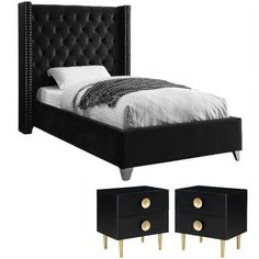 a bed with two nightstands next to it and the bottom one has a black velvet upholstered headboard