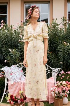 Archie Chiffon High Waist Maxi Dress in Yellow Feminine Spring Maxi Dress For Garden Party, Feminine Maxi Dress For Garden Party In Spring, Feminine Beige Maxi Dress With Ruffle Hem, Feminine Midi Dress For Garden Party, Beige Feminine Maxi Dress With Ruffle Hem, Feminine Cream Chiffon Dress, Feminine Chiffon Midi Dress For Daywear, Feminine Floor-length Dress With Flowy Skirt, Feminine Flowy Floor-length Dress