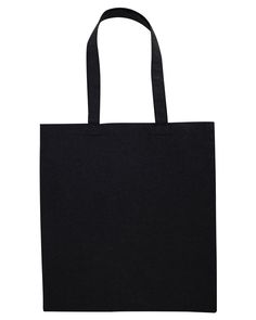 a black tote bag is shown against a white background, with the handle down