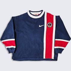 PSG Vintage 90s Nike France Soccer Crewneck Sweatshirt  Paris St Germain Football Club Blue Red Sweater  Stitched On Logos Made in USA  Extremely Rare In Excellent Vintage Condition  Minor Fading  No Holes or Stains Men's Size : Extra Large ( XL ) Please Double Check the Measurements Measurements: Length: 26 in Pit to pit: 27 in FREE AND FAST SHIPPING IN THE USA Vintage Psg Jersey, Retro Red Top With Ribbed Cuffs, Oversized Long Sleeve Throwback Tops, Retro Long Sleeve Navy Top, Navy Retro Long Sleeve Top, Navy Long Sleeve Retro Tops, Throwback Blue Crew Neck Top, Blue Throwback Crew Neck Top, Blue Crew Neck Throwback Top