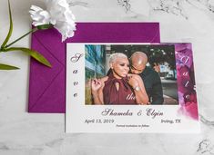 a purple and white wedding card with an image of a couple kissing on the forehead