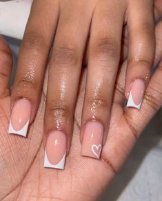 Nail Designs Short French Tips, French Tops With Design, Nails Plain Design, Nail Ideas With Initial Square, Brown Nails With White French Tip, Gel Nails French Tip Short, Normal Acrylic Nails, French Tip Nails With Heart Ring Finger, Nails For 12 Year Girl