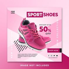 a pair of pink shoes with the text sport shoes discount 50 % off shop now