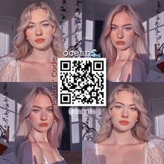 four images of a woman with blonde hair and blue eyes, wearing a white top