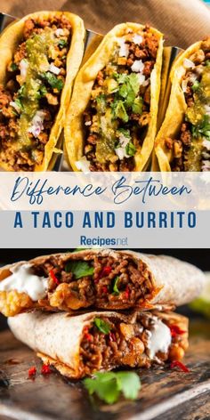 different types of tacos and burritos with text overlay that says differences between a taco and burrito