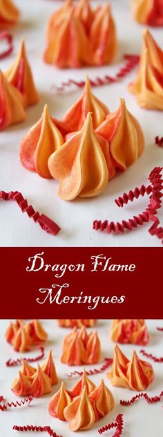 orange and red desserts are arranged on a white table with text overlay that reads dragon flame mornings