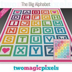 the big alphabet quilt pattern is shown in two different colors