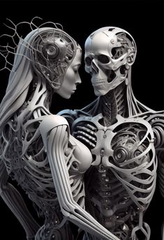 two skeletons are standing next to each other with their arms around each other and looking at each other