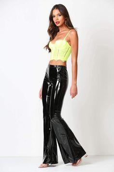 Latex Black Faux Leather Flare Bell Bottom Pants – Bella Valentina Fitted Flare Leather Pants For Party, Black High-waist Party Flares, High Waist Black Party Flares, Trendy Party Flares For Fall, High Waist Black Flares For Party, Black Flares For Fall Party, Trendy Wide Leg Leather Pants For Party, Polyurethane Pants For Party In Fall, Fitted Flare Faux Leather Bottoms