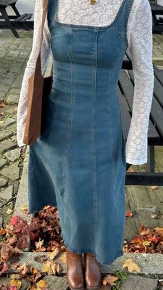 Outfit Inspirations Cottagecore, Mennonite Outfit Ideas, Denim Dress And Tights Outfit, Cold Thanksgiving Outfit, Female Clothing Aesthetic, 70s Rainy Day Outfit, Long Yellow Dress Outfit Casual, Jean Dress Winter Outfit, Outfits For The Zoo Fall