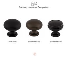 three different types of cabinet knobs with names on the front and back, including black, oil rubbed bronze, or brushed bronze