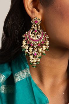 Gold plated chandbali earrings with pink and green onyx, kundan and pearls embellishments. - Aza Fashions Chandbali Earrings Kundan, Earrings Kundan, Chandbali Earrings, Luxury Sale, Cocktail Reception, Jewellery Earrings, Pink Earrings, Green Onyx, Jewellery Designs